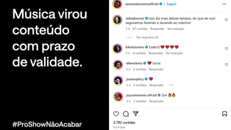 Artistas protestam nas redes com a hashtag #ProShowNãoAcabar