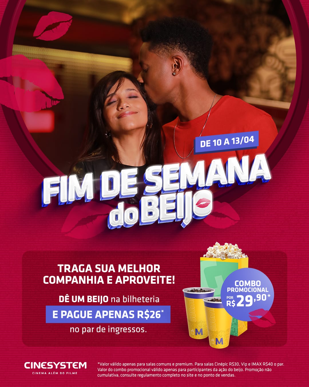 Cinesystem oferece par de ingressos por R$ 26 no Dia do Beijo