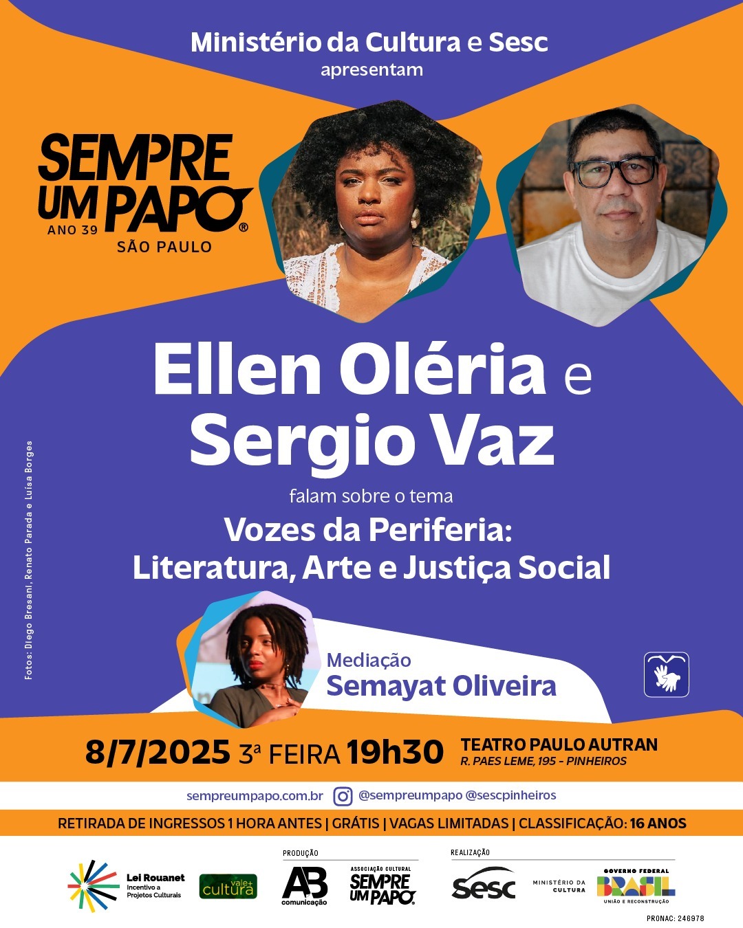 Ellen Oléria e Sérgio Vaz debatem vozes da periferia no Sesc Pinheiros